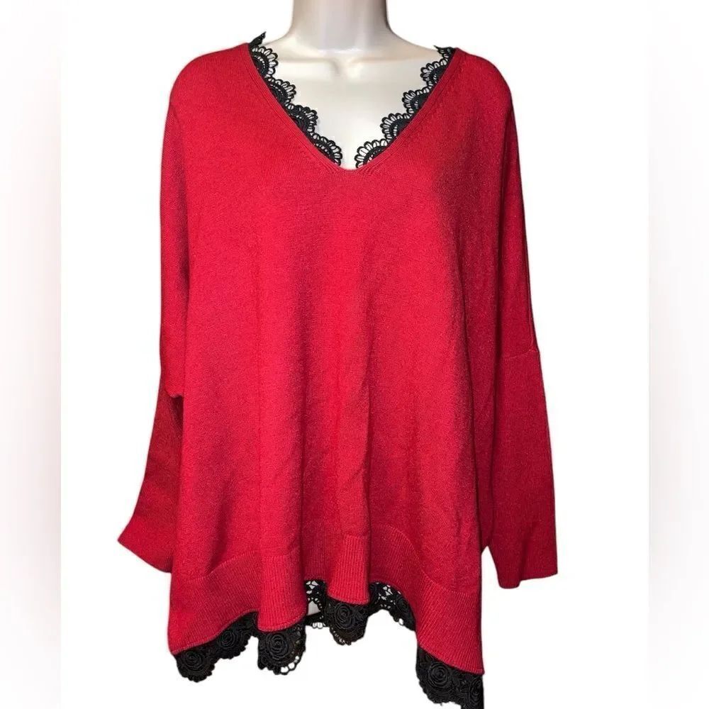 NWOT Chico's Poncho Sweater in Size L Holiday .solid black color and lace trim